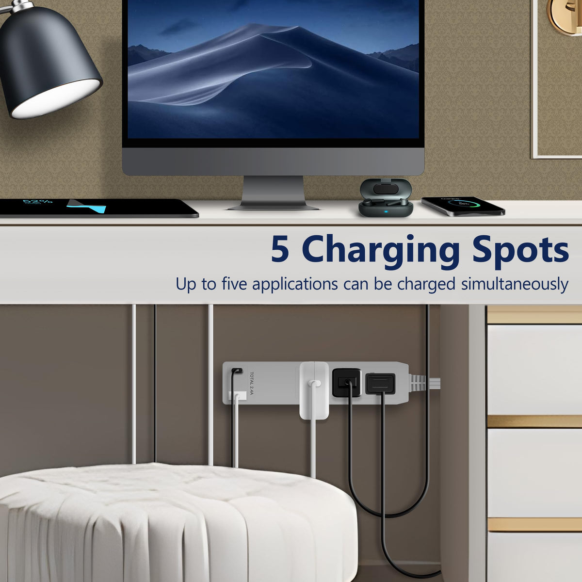 LIDER installed behind a TV providing tidy cable management and accessible outlets.