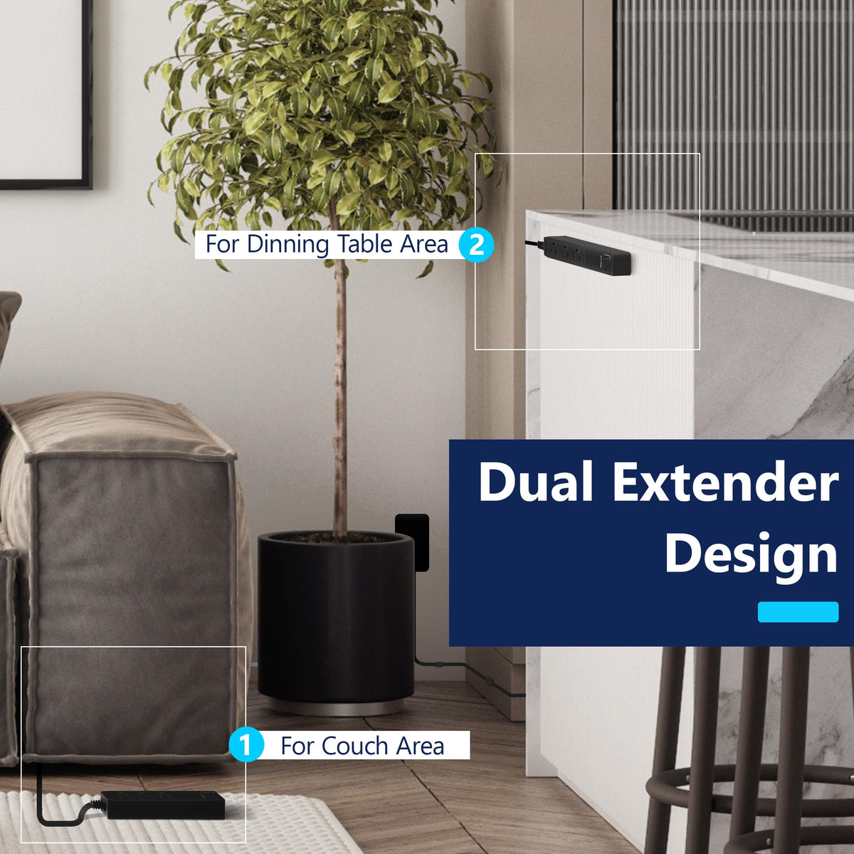 LIDER mounted on kitchen counter powering appliances and keeping cords organized