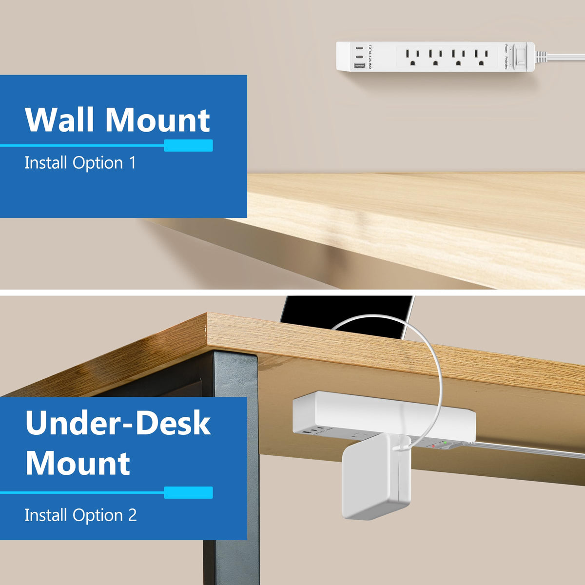 LIDER 5ft cord keeps cords tidy and reachable around desks.