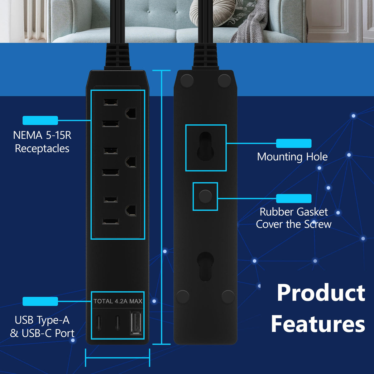 LIDER 8ft cord and grounded plug showing flexible placement away from wall
