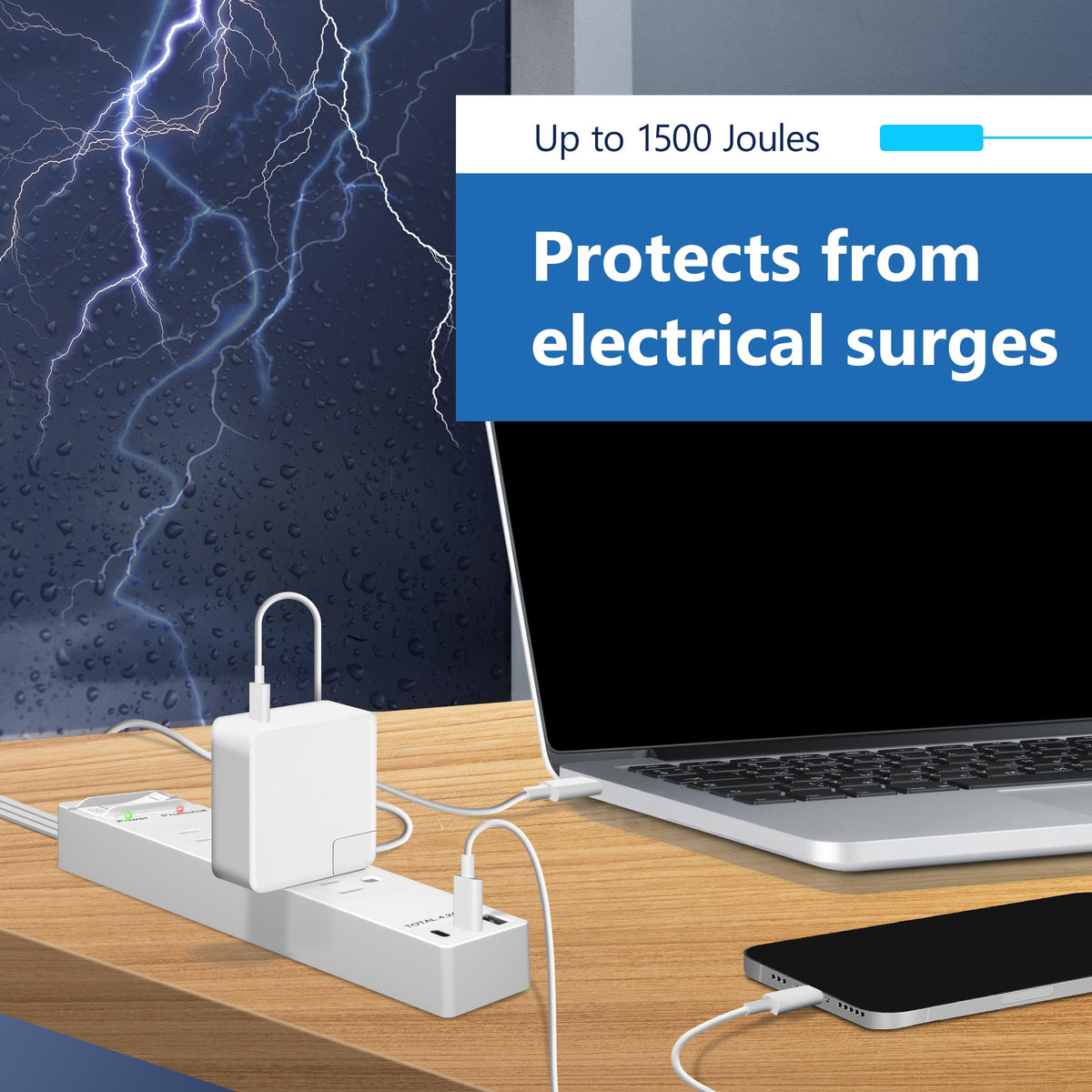 LIDER outlet extender showing USB-A and USB-C ports ideal for desk charging.