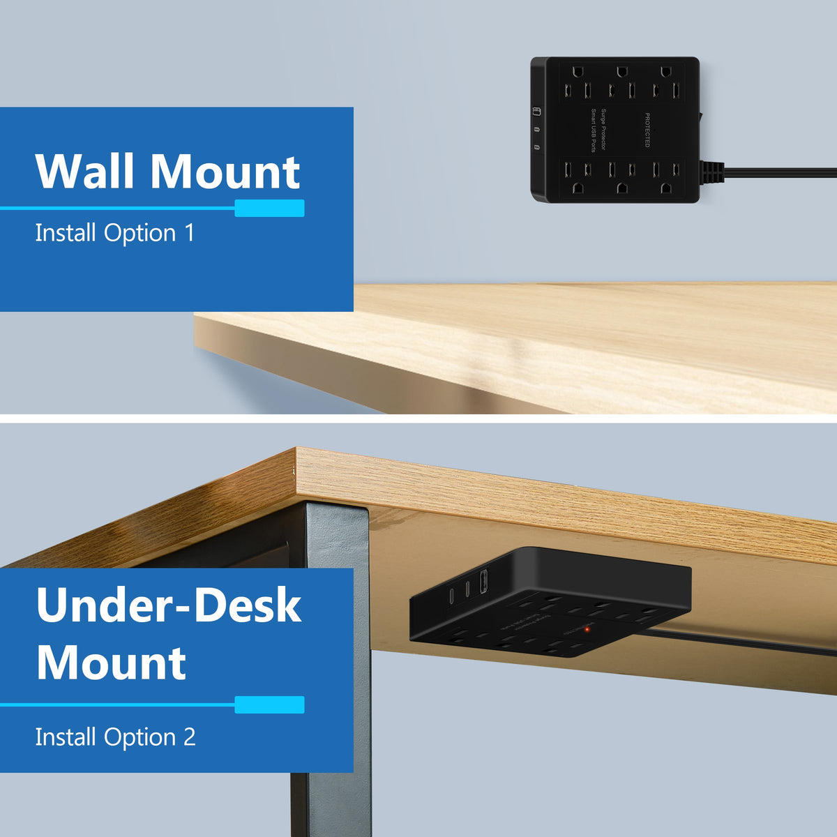 LIDER power strip in home office powering laptop and lamp for tidy setup