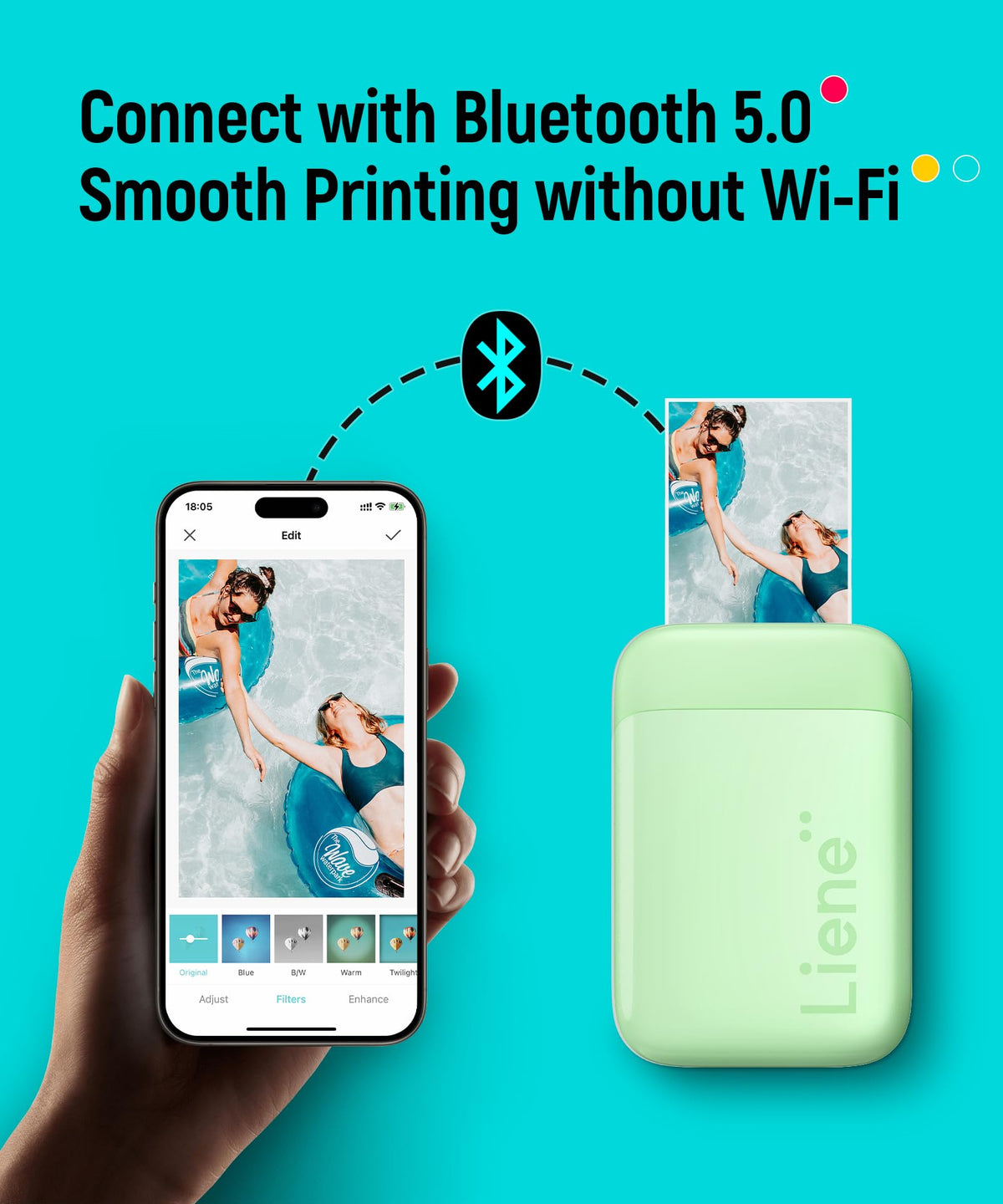 Liene Pearl K100 prints via iOS and Android, offering versatile smartphone compatibility.
