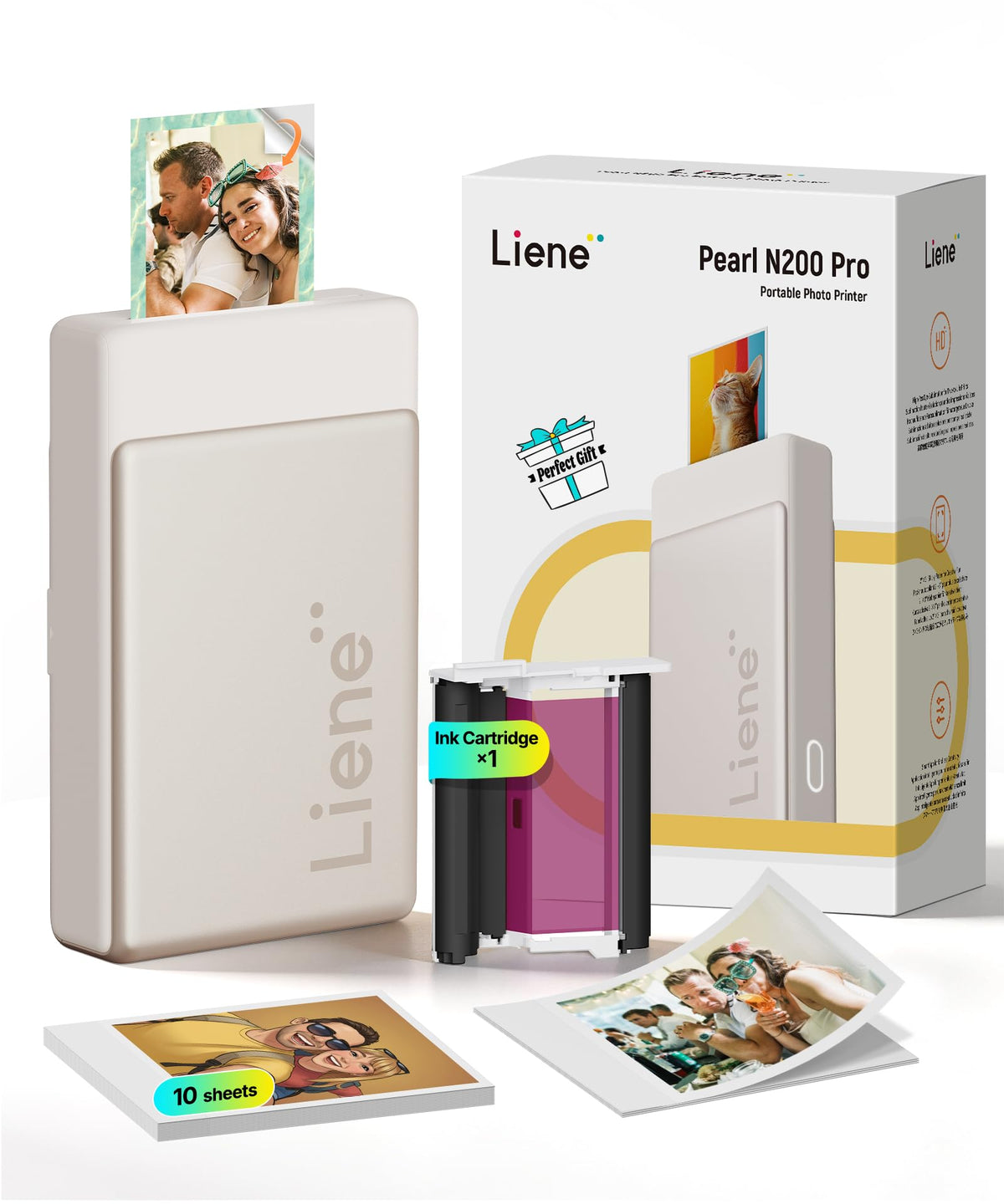 Liene Pearl N200 Pro front view highlights compact portable printer for on-the-go prints.