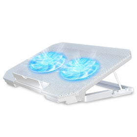 LIENS laptop cooling pad front view with dual fans and blue LEDs for quiet cooling.