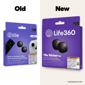 Life360 sticker side close-up showing thin profile and durable sealed design benefit
