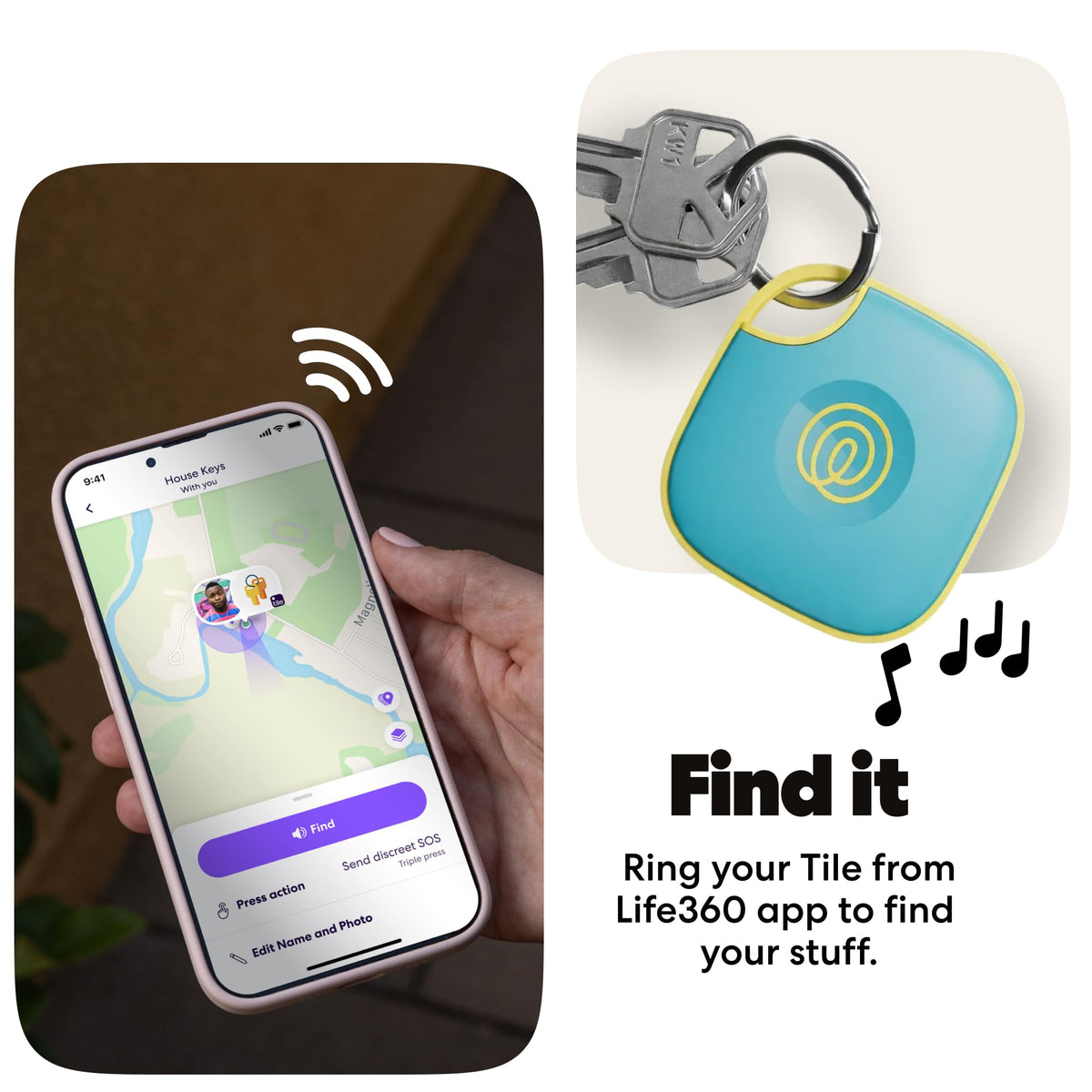 Life360 Tile attached to keys illustrating quick attachment and everyday convenience