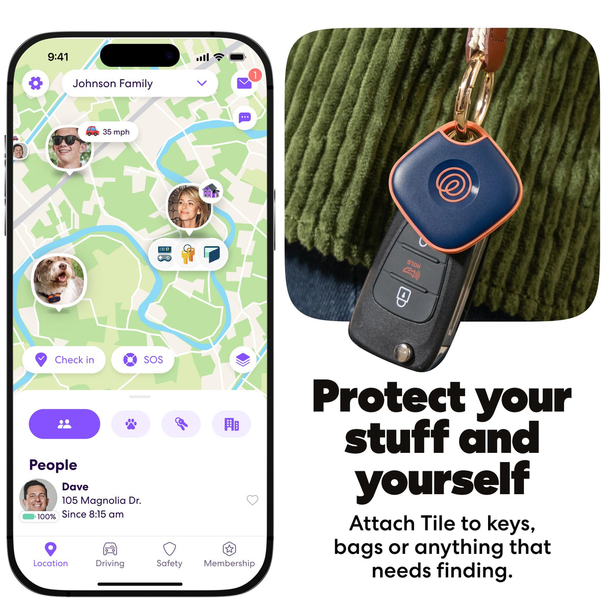 Life360 Tile secured to a keyring demonstrating quick attachment and everyday protection