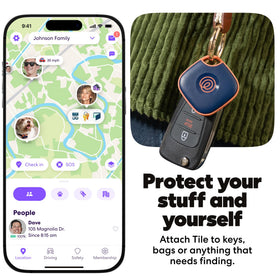 Life360 Tile secured to a keyring demonstrating quick attachment and everyday protection