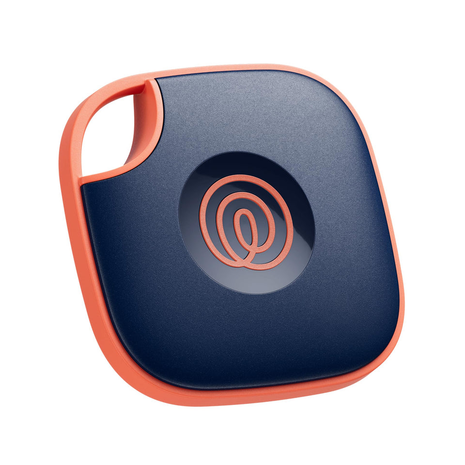 Life360 Tile front view showing navy blaze color and compact shape for easy tracking