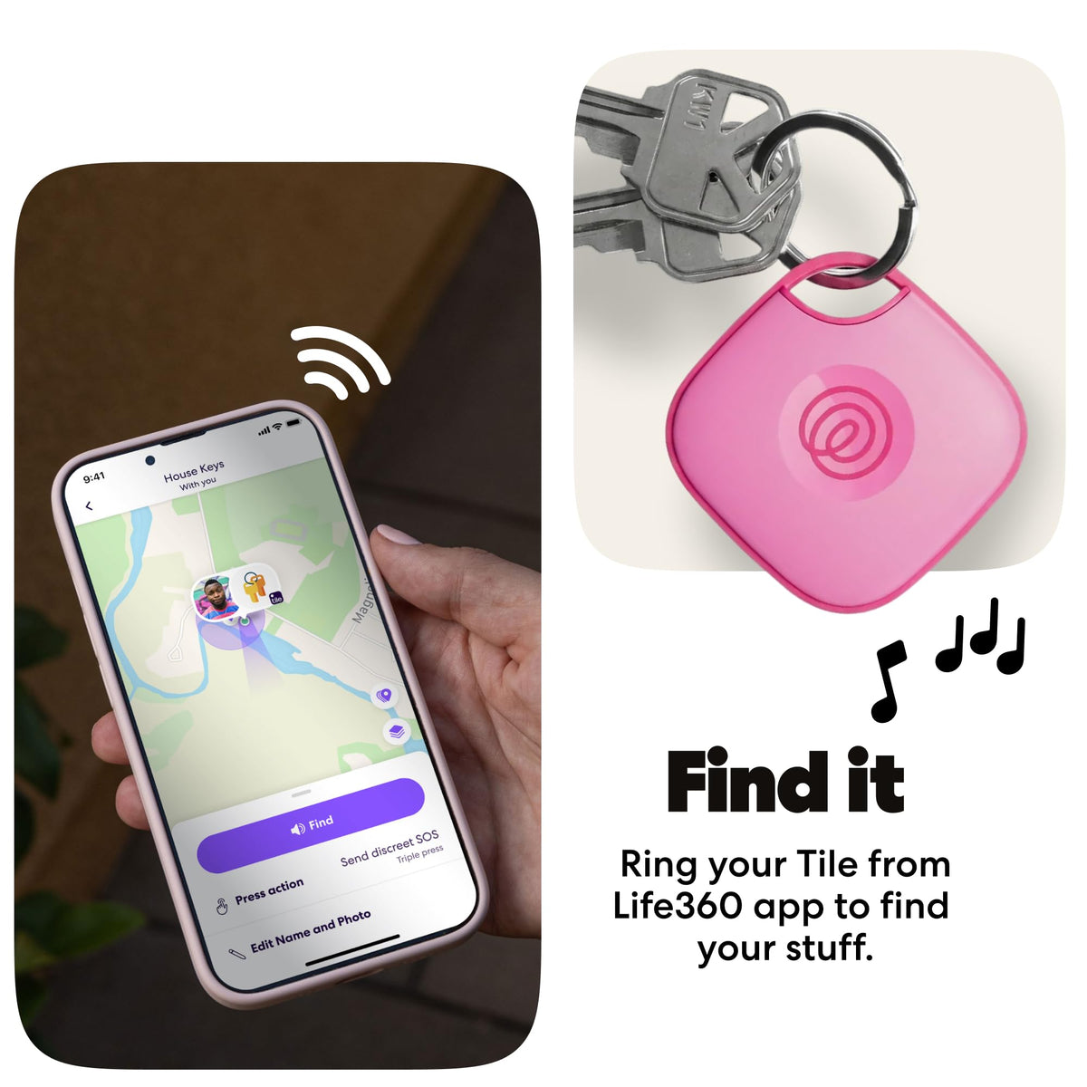 Life360 Tile inside a backpack pocket showing scale and unobtrusive everyday carry benefit