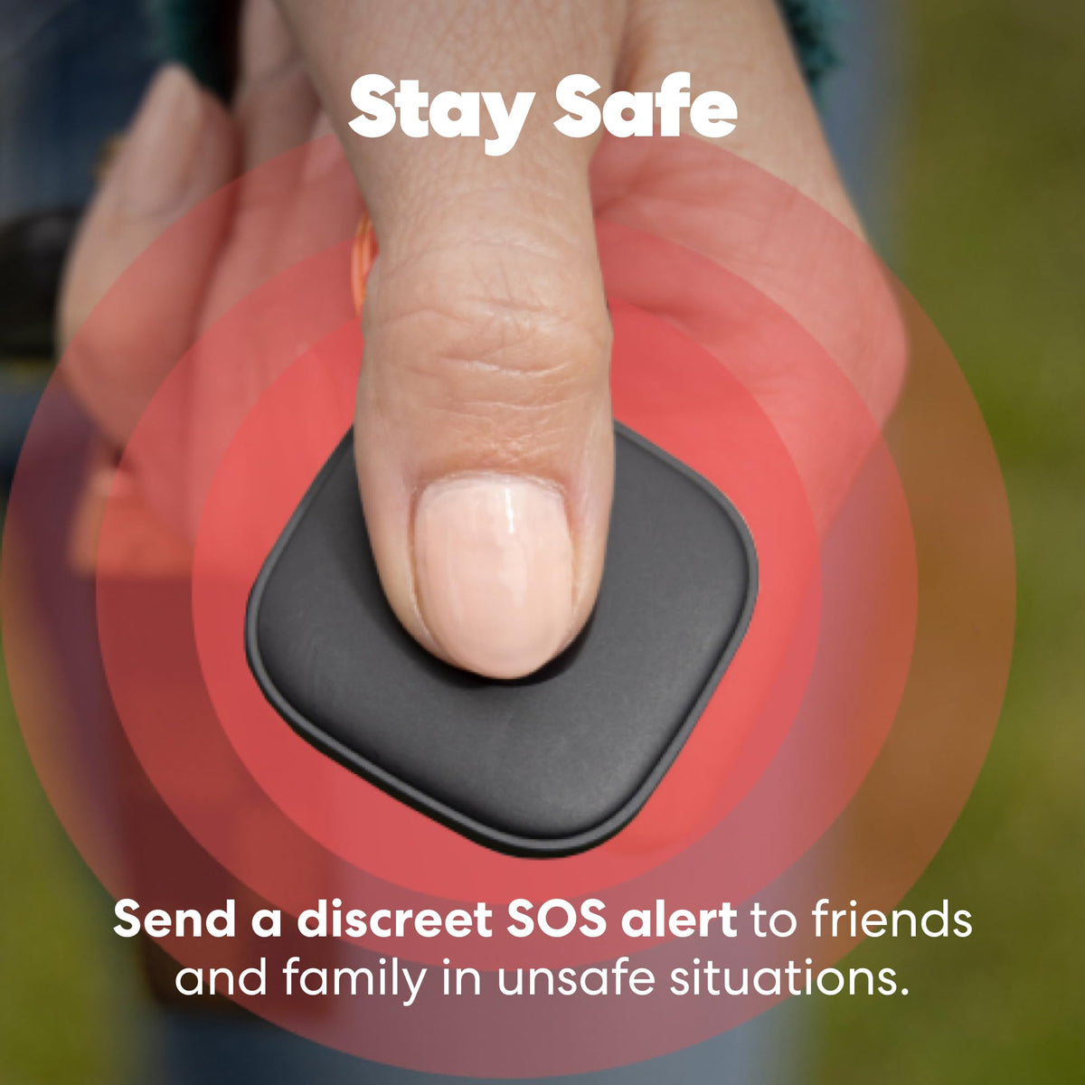 Hand pressing Life360 Tile button to trigger phone ring and SOS alert