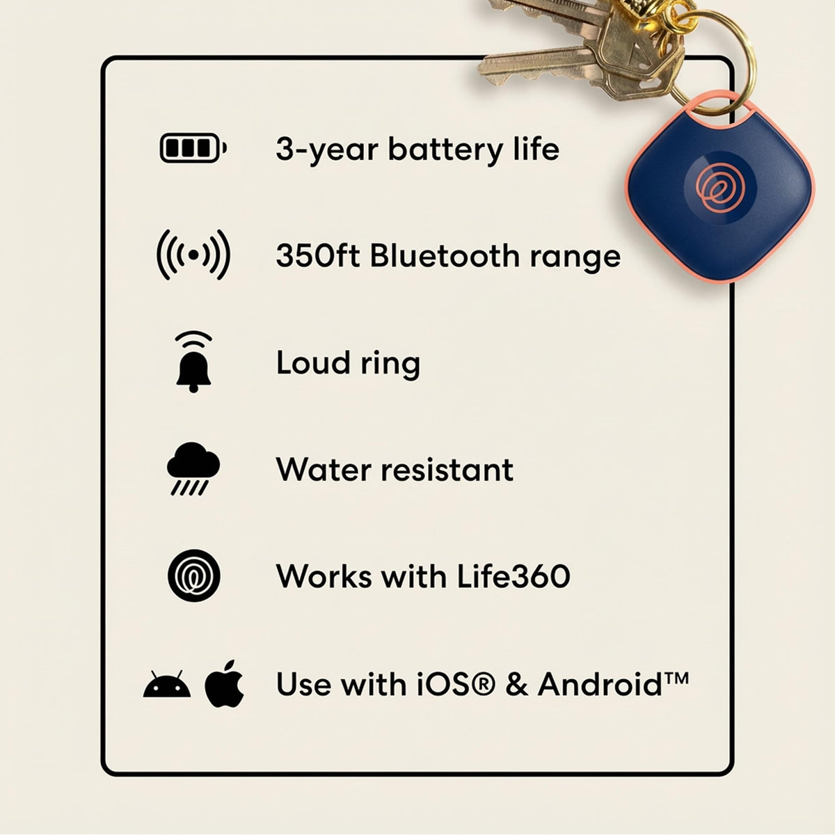 Life360 Tile on a coffee table with keys and bag illustrating daily use and easy retrieval