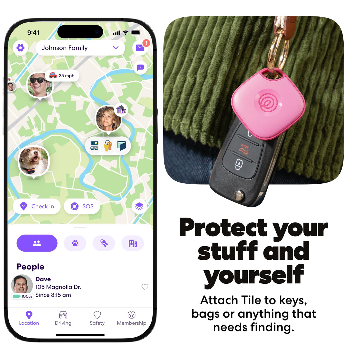 Life360 Tile attached to a keyring demonstrating secure carry and quick recovery benefit