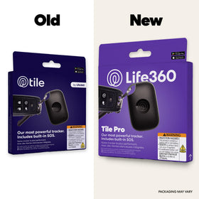 Life360 Tile Pro back label close-up showing specs and easy setup benefit
