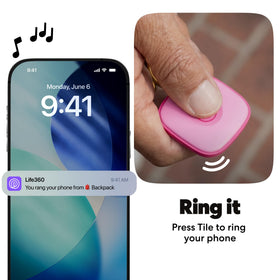 Life360 Tile ringing on a coffee table showing audible alert for fast item location benefit