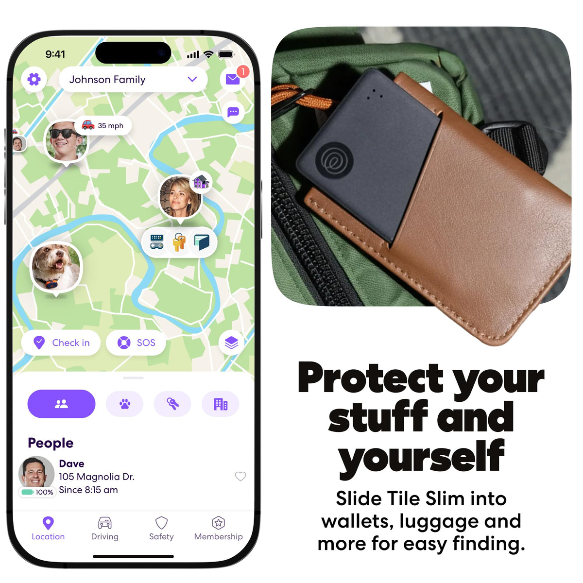 Life360 Tile Slim on luggage tag shows bag location at a glance