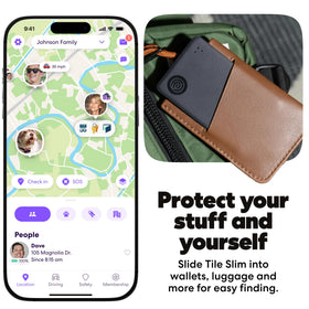 Life360 Tile Slim on luggage tag shows bag location at a glance