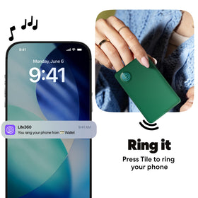 Life360 Tile Slim button close-up showing tactile control for phone-finding benefit