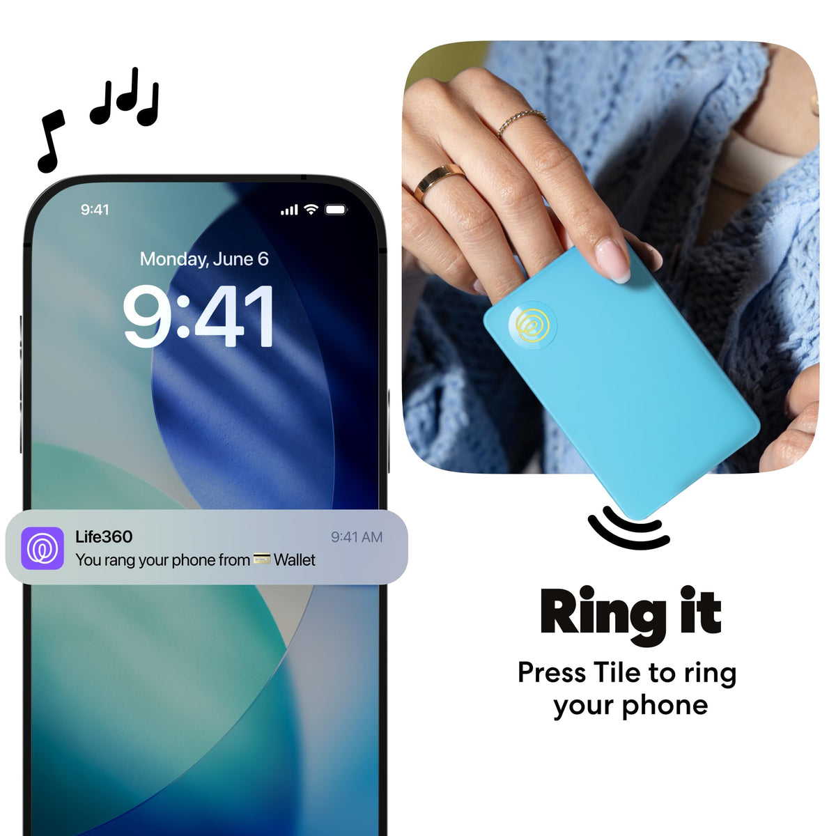 Life360 Tile Slim button detail showing easy press to ring phone and SOS use