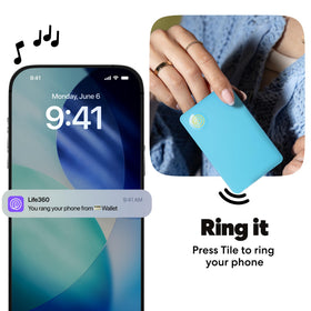 Life360 Tile Slim button detail showing easy press to ring phone and SOS use
