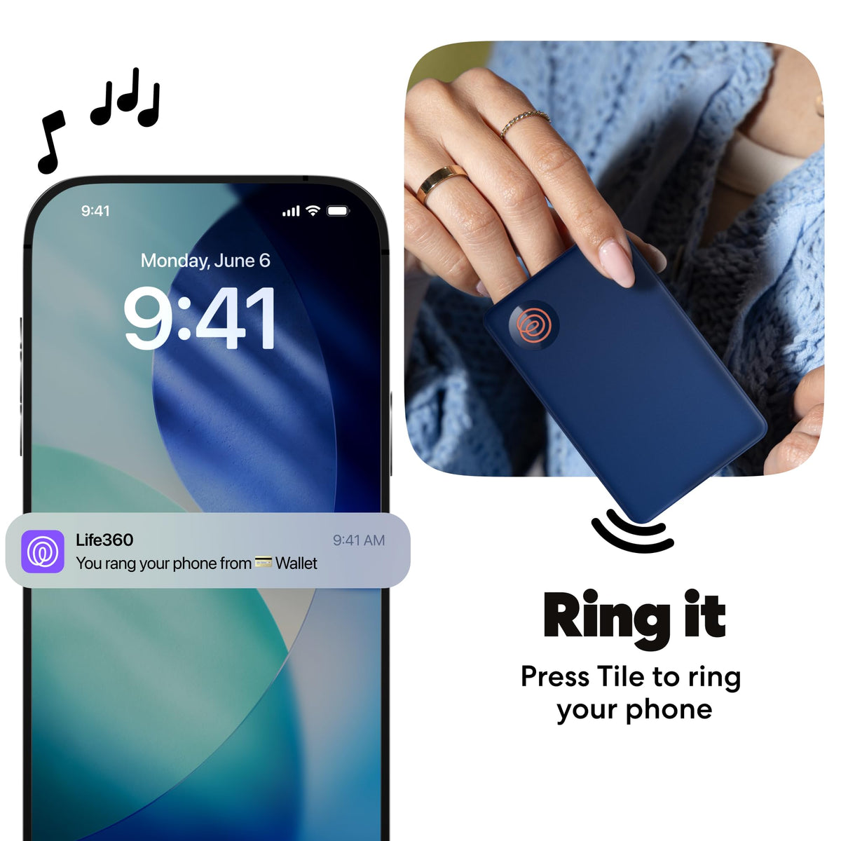 Life360 Tile Slim button detail emphasizing SOS and phone-find functionality