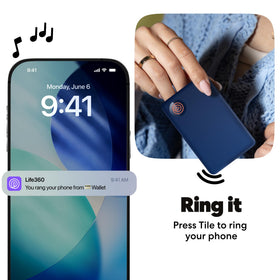 Life360 Tile Slim button detail emphasizing SOS and phone-find functionality