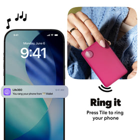 Close-up of Life360 Tile Slim button and slim edge showing tactile control benefit