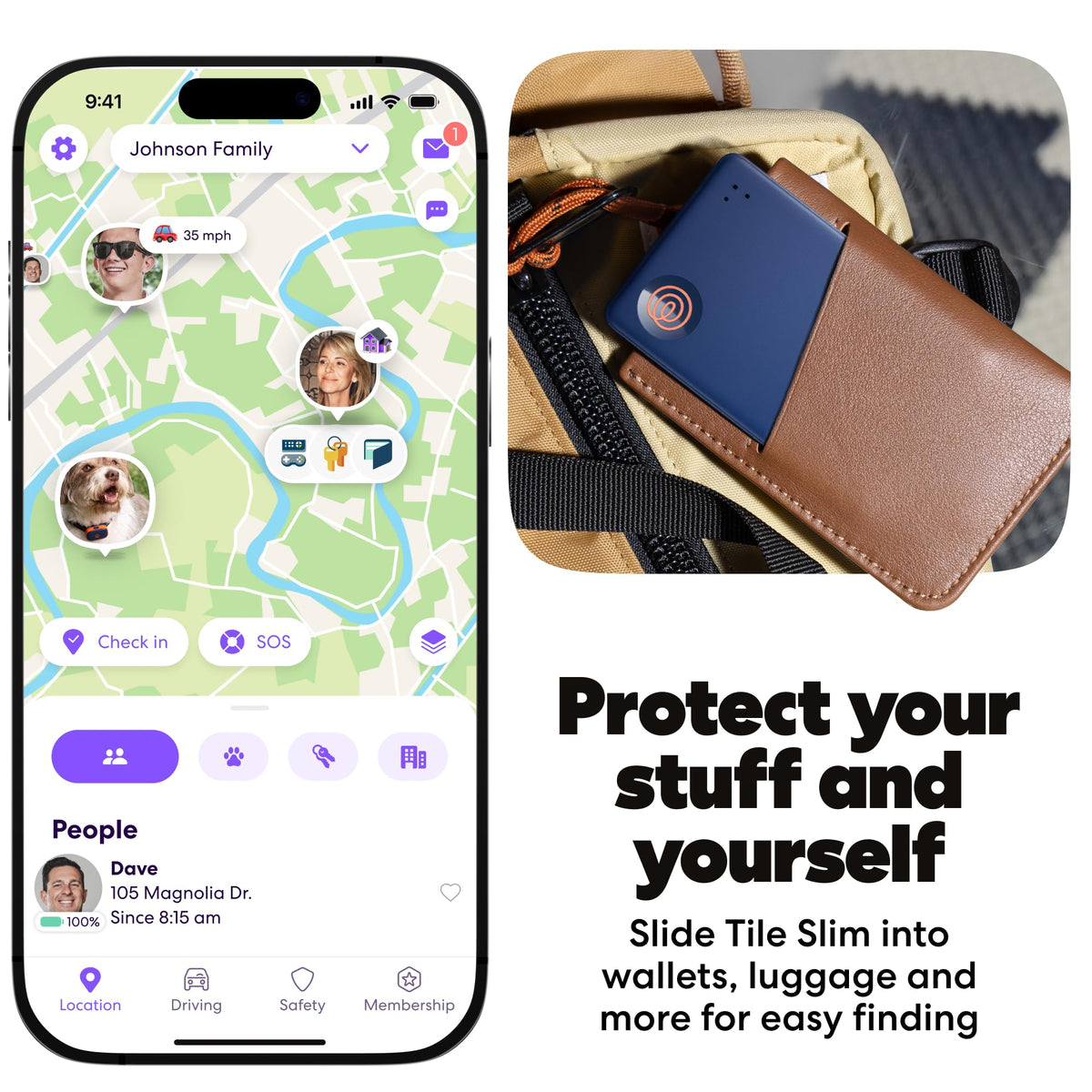 Life360 Tile Slim inside a wallet demonstrating secure tracking for your cards