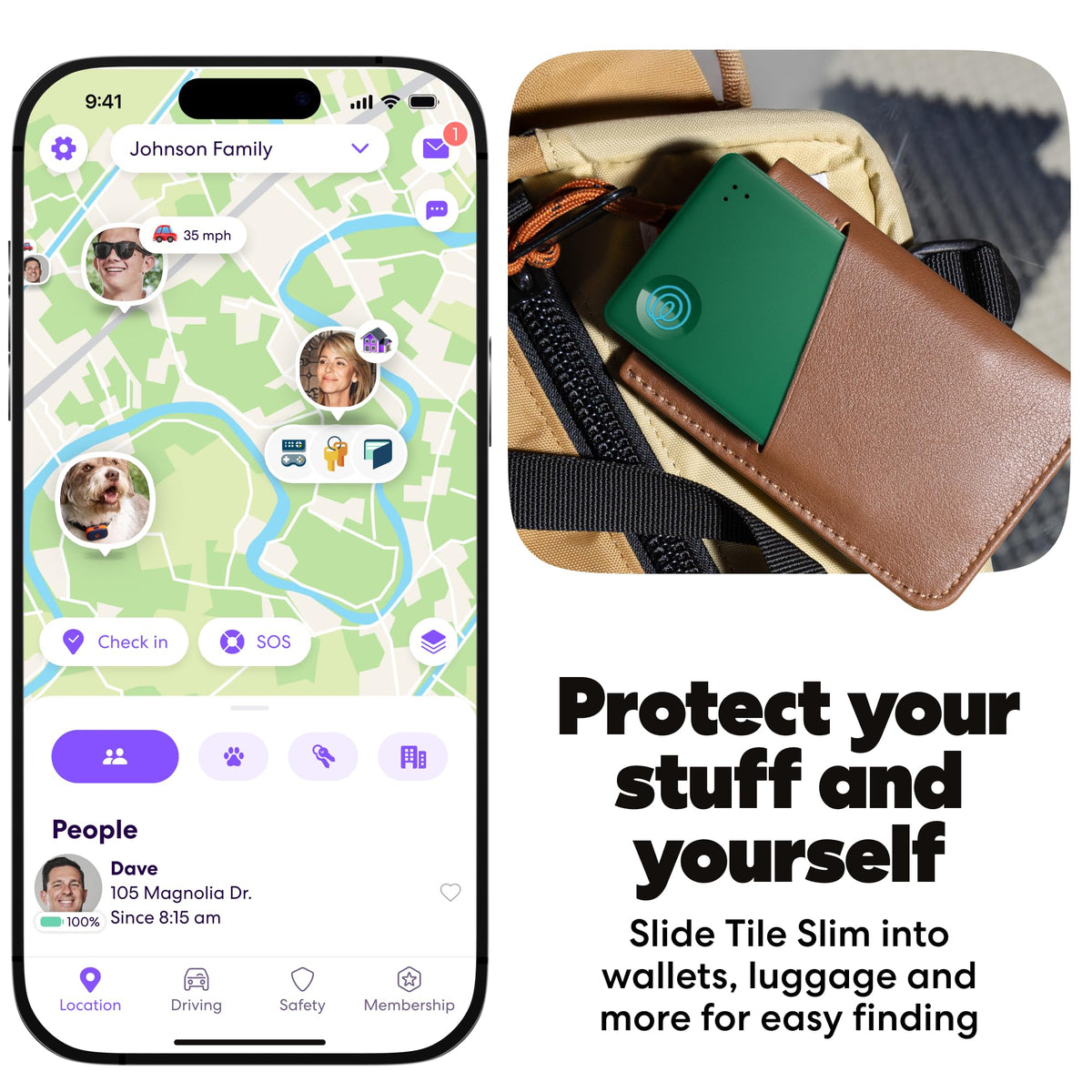 Life360 Tile Slim inserted in a wallet showing secure fit and quick recovery benefit