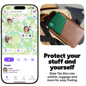 Life360 Tile Slim inserted in a wallet showing secure fit and quick recovery benefit