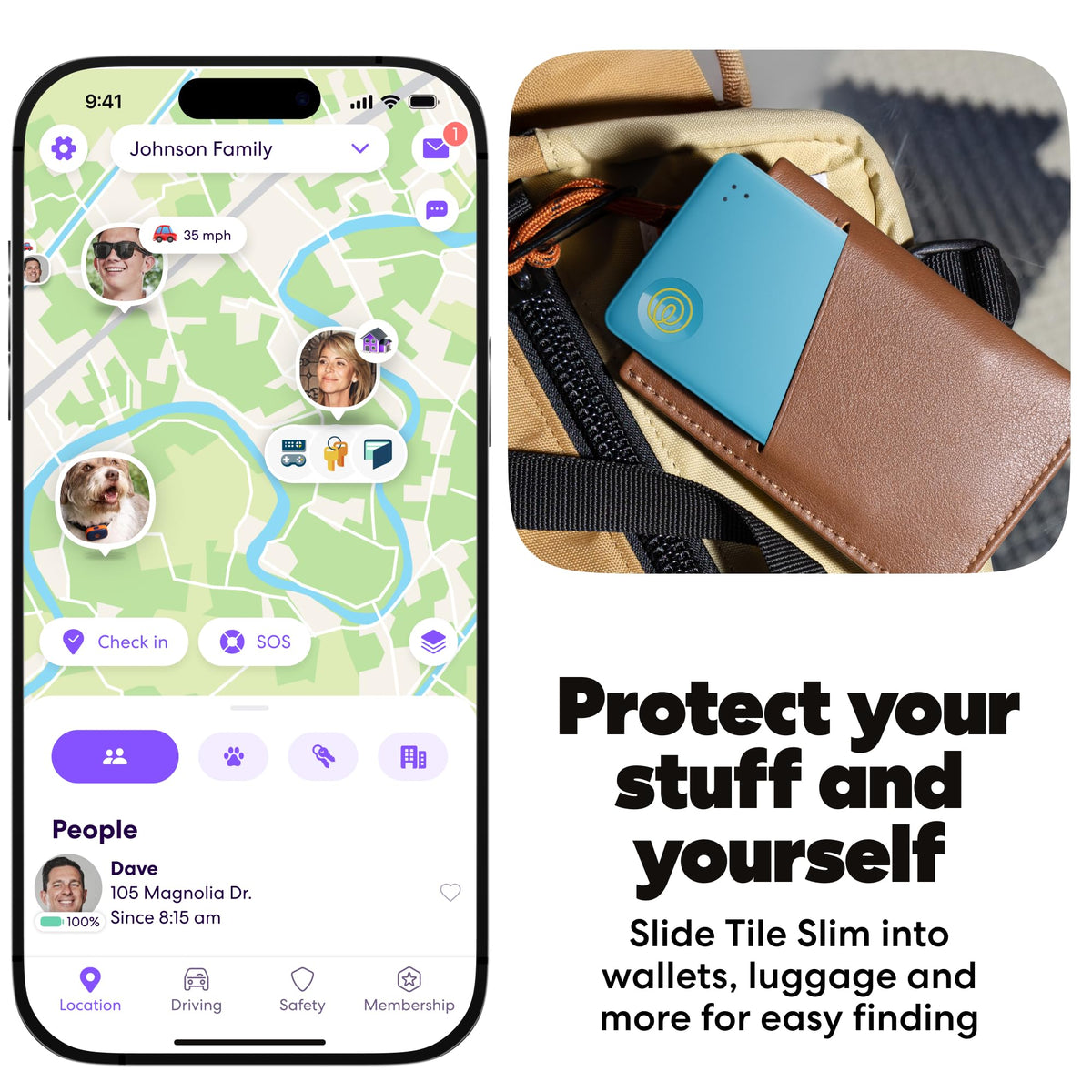 Life360 Tile Slim tucked inside a wallet pocket showing secure tracking benefit