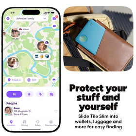 Life360 Tile Slim tucked inside a wallet pocket showing secure tracking benefit