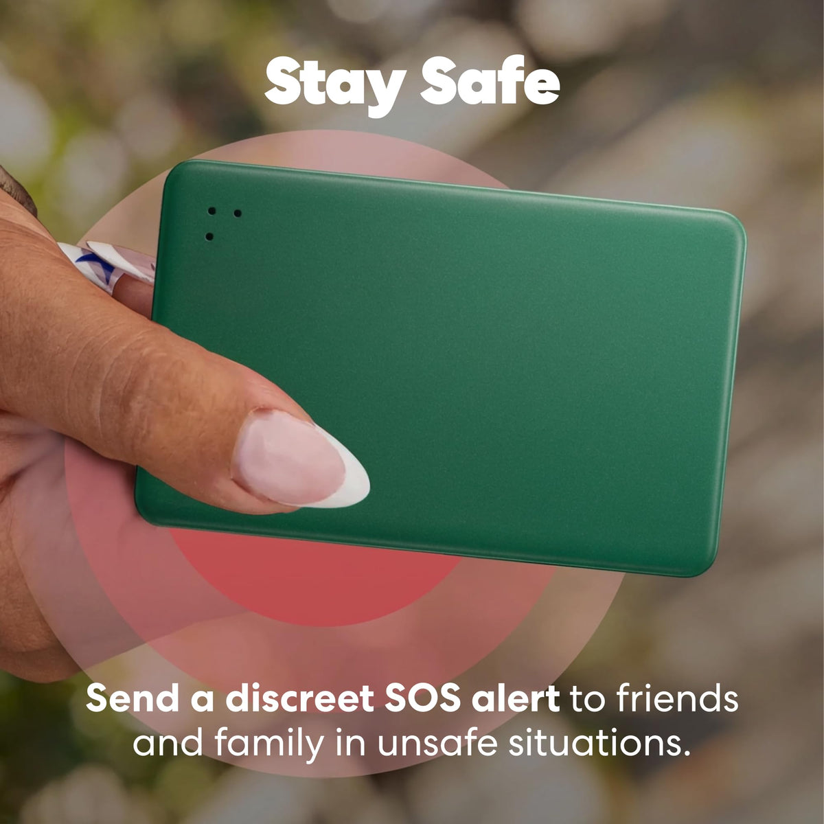 Life360 Tile Slim on a travel table scene showing family safety and location benefit