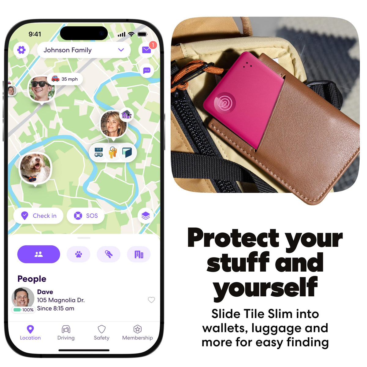 Life360 Tile Slim attached to luggage tag for easy travel location benefit