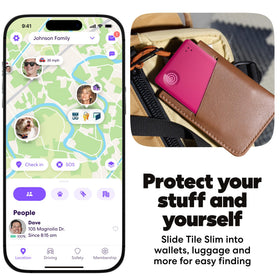 Life360 Tile Slim attached to luggage tag for easy travel location benefit