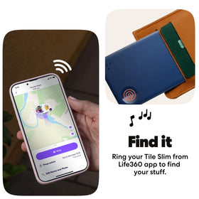 Life360 Tile Slim attached to a luggage tag showing travel tracking convenience