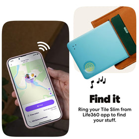 Life360 Tile Slim attached to a luggage tag showing travel tracking convenience