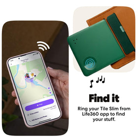 Life360 Tile Slim tucked inside a passport sleeve showing travel protection benefit