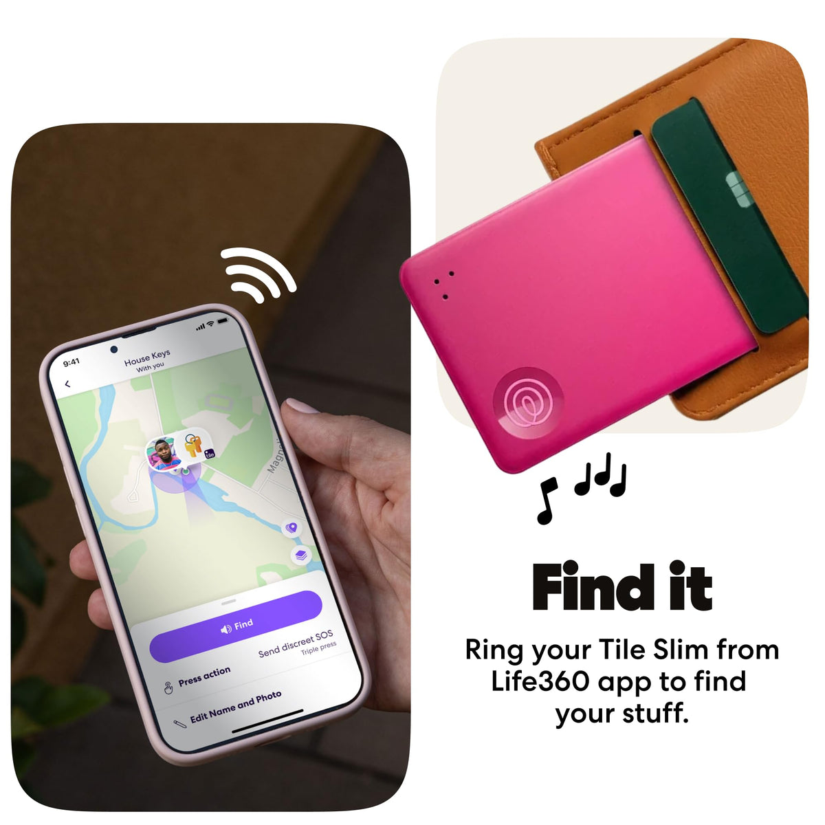 Life360 Tile Slim being pressed to ring a silenced phone for quick retrieval