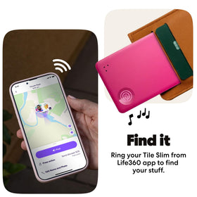 Life360 Tile Slim being pressed to ring a silenced phone for quick retrieval