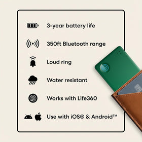 Life360 Tile Slim beside a credit card showing scale and slim portability benefit