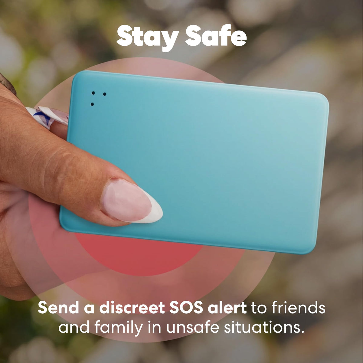 Life360 Tile Slim beside a credit card showing compact size for wallets