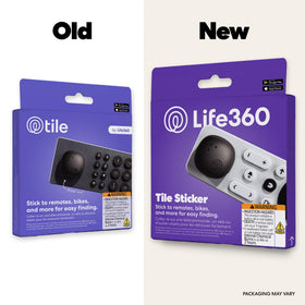 Life360 Tile Sticker attached to remote control for quick locating through the app.