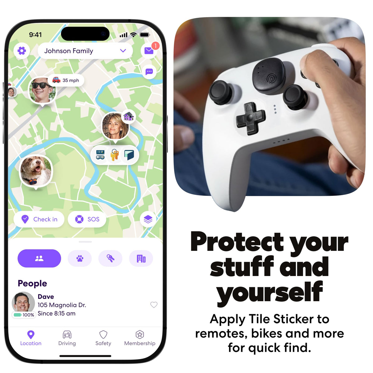 Life360 Tile Sticker used to ring a silenced phone from a nearby bag.