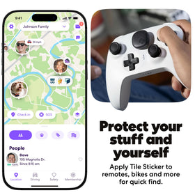 Life360 Tile Sticker used to ring a silenced phone from a nearby bag.