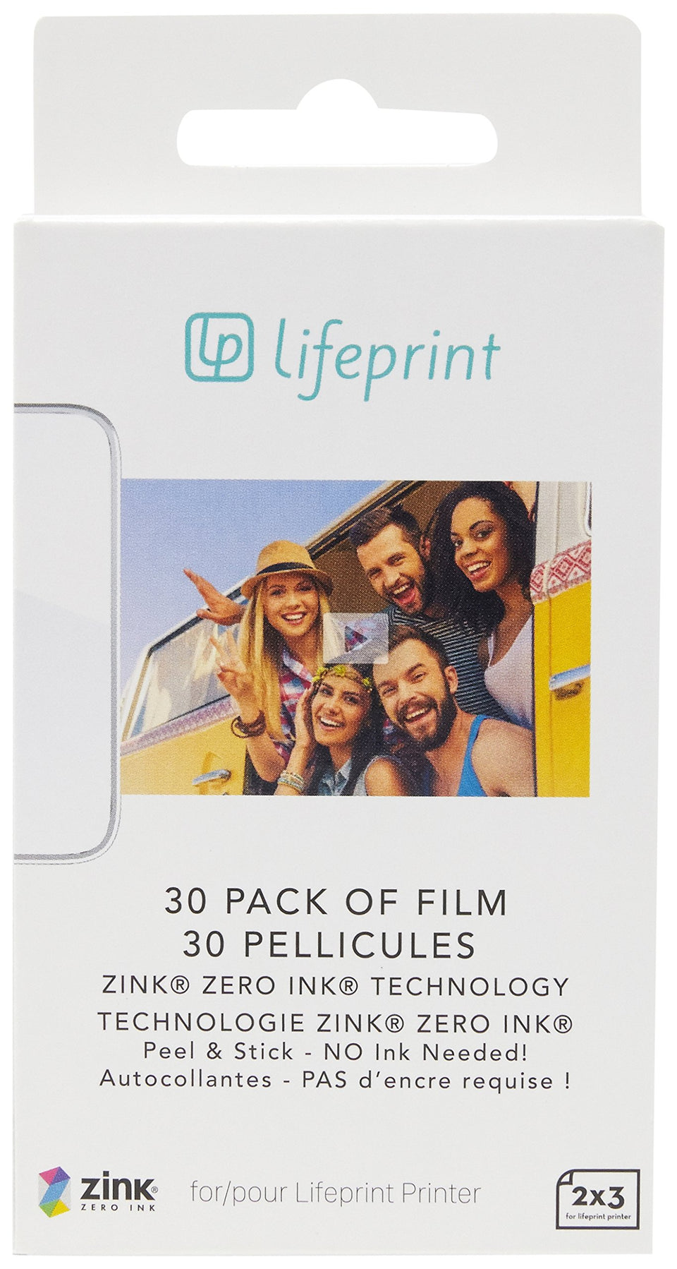 Lifeprint front packaging showing 30-pack sticky 2x3 film for easy printing