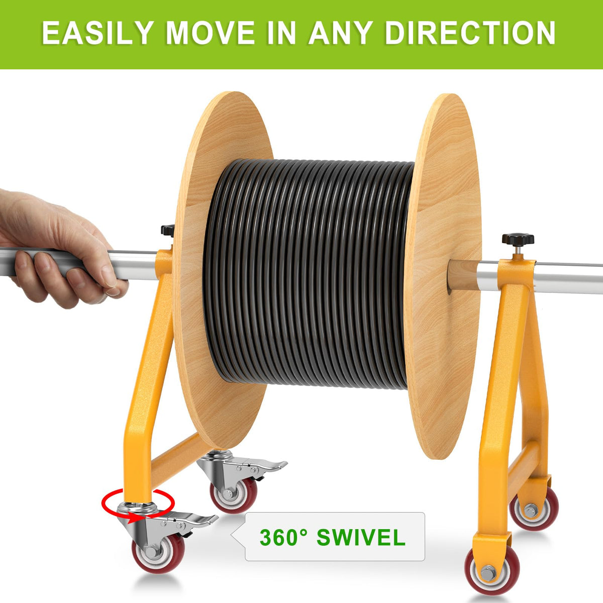 Lifeswell Wire Spool Rack brake system shown for secure placement