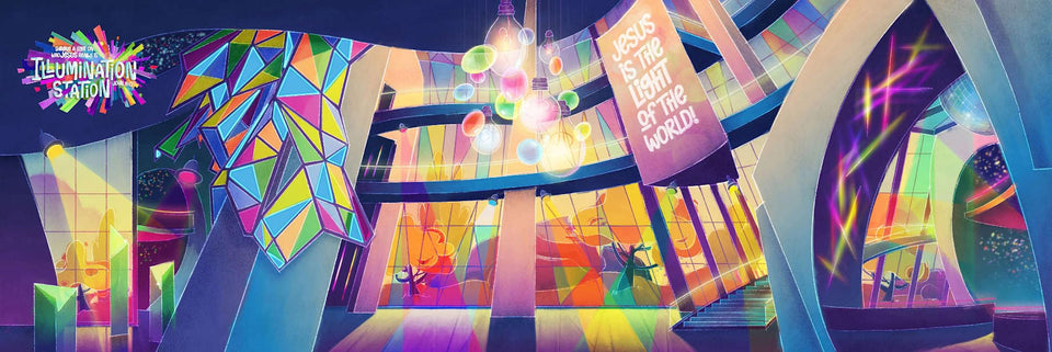 Lifeway Kids front view of full 18 by 6 backdrop showing vivid theme benefits