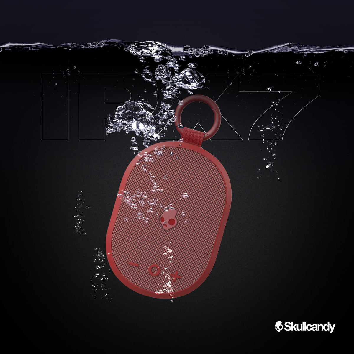Lifeworks Skullcandy Kilo red with carabiner clip attached for on-the-go